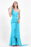One Shoulder Satin Pleated Formal Evening Dress Sheath Prom Party Gowns