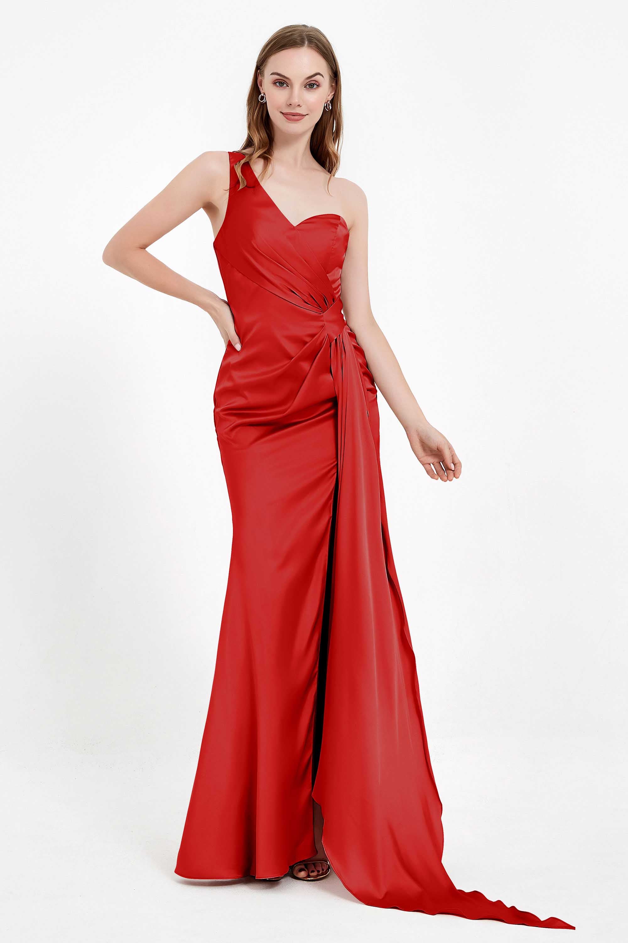 One Shoulder Satin Pleated Formal Evening Dress Sheath Prom Party Gowns