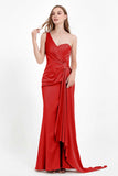 One Shoulder Satin Pleated Formal Evening Dress Sheath Prom Party Gowns