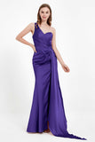 One Shoulder Satin Pleated Formal Evening Dress Sheath Prom Party Gowns