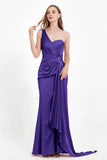 One Shoulder Satin Pleated Formal Evening Dress Sheath Prom Party Gowns