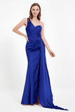 One Shoulder Satin Pleated Formal Evening Dress Sheath Prom Party Gowns