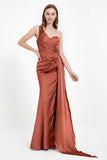 One Shoulder Satin Pleated Formal Evening Dress Sheath Prom Party Gowns