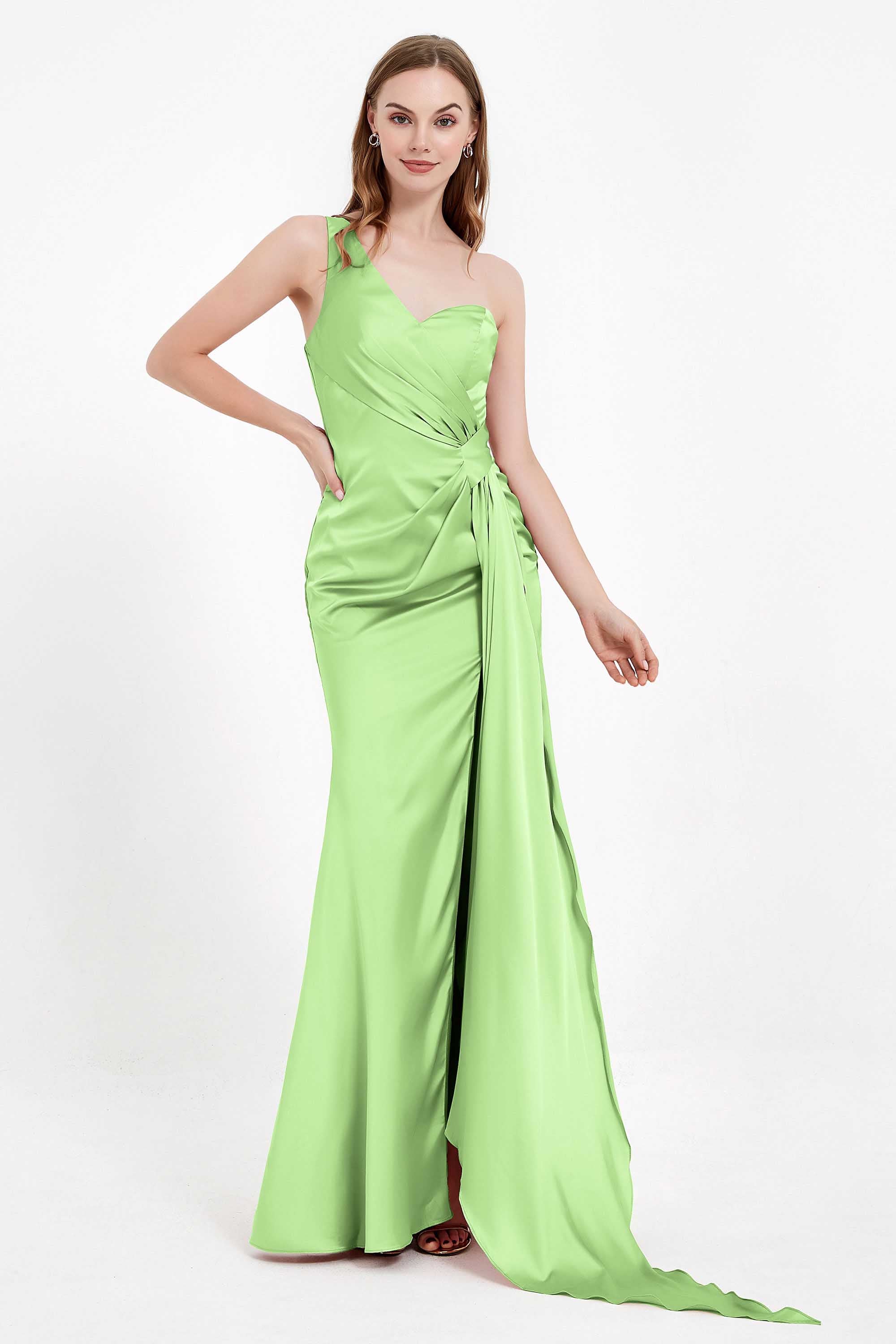 One Shoulder Satin Pleated Formal Evening Dress Sheath Prom Party Gowns