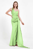 One Shoulder Satin Pleated Formal Evening Dress Sheath Prom Party Gowns
