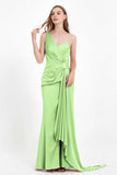 One Shoulder Satin Pleated Formal Evening Dress Sheath Prom Party Gowns