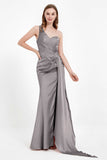 One Shoulder Satin Pleated Formal Evening Dress Sheath Prom Party Gowns