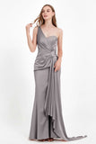 One Shoulder Satin Pleated Formal Evening Dress Sheath Prom Party Gowns