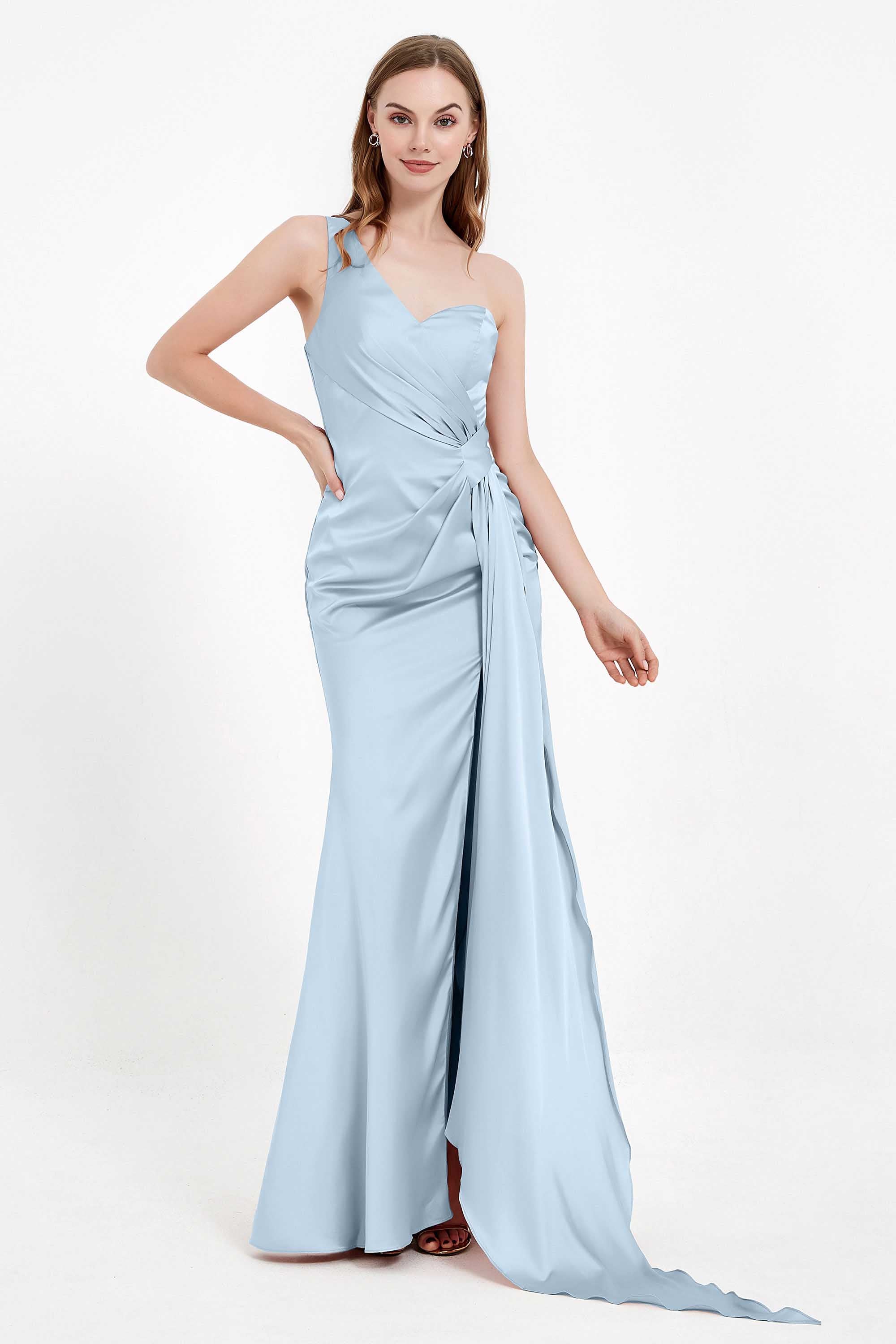 One Shoulder Satin Pleated Formal Evening Dress Sheath Prom Party Gowns