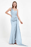 One Shoulder Satin Pleated Formal Evening Dress Sheath Prom Party Gowns