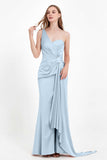 One Shoulder Satin Pleated Formal Evening Dress Sheath Prom Party Gowns