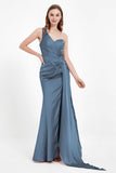 One Shoulder Satin Pleated Formal Evening Dress Sheath Prom Party Gowns