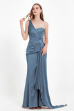 One Shoulder Satin Pleated Formal Evening Dress Sheath Prom Party Gowns