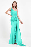 One Shoulder Satin Pleated Formal Evening Dress Sheath Prom Party Gowns