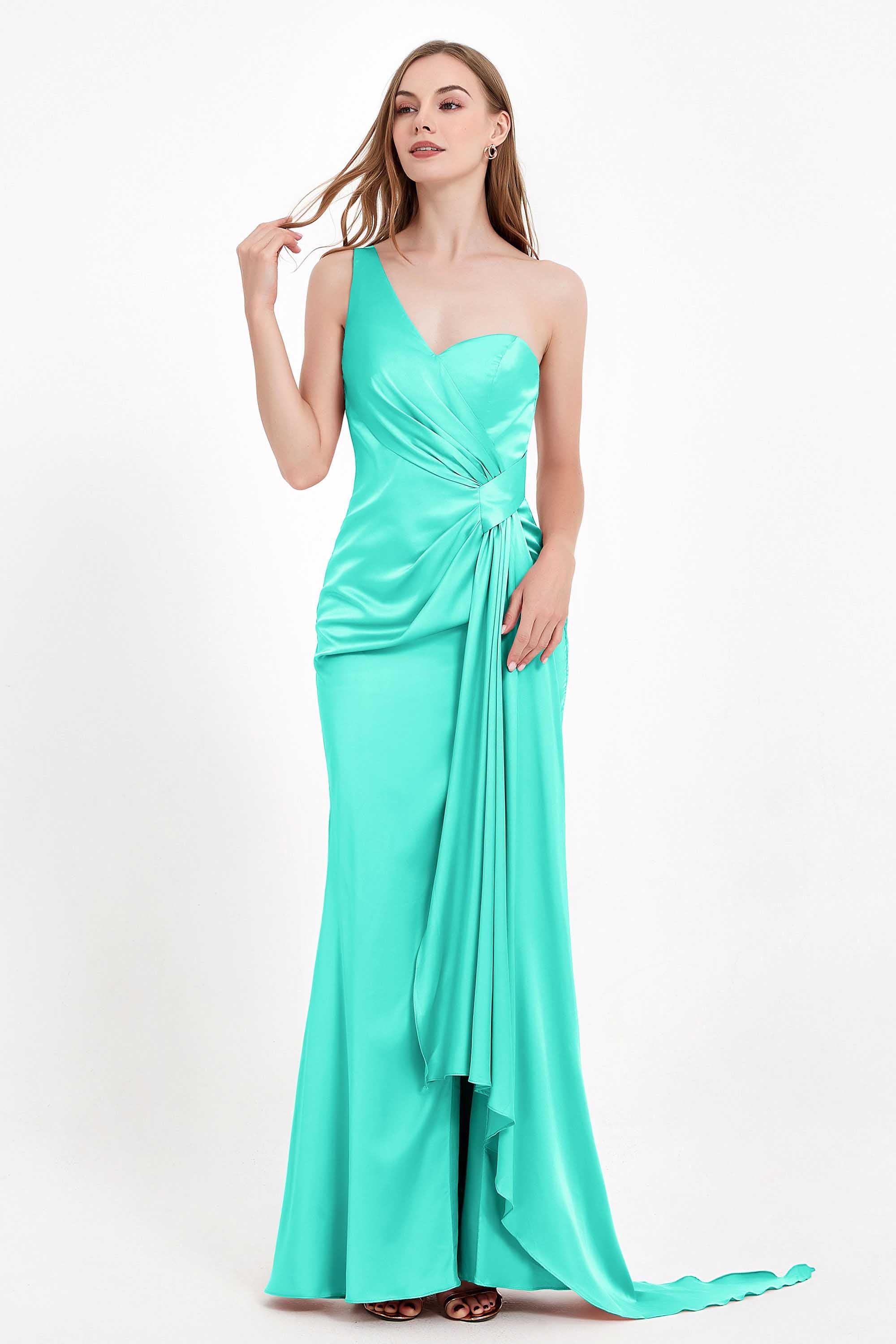 One Shoulder Satin Pleated Formal Evening Dress Sheath Prom Party Gowns