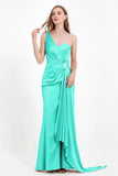 One Shoulder Satin Pleated Formal Evening Dress Sheath Prom Party Gowns
