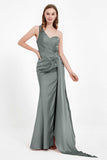 One Shoulder Satin Pleated Formal Evening Dress Sheath Prom Party Gowns