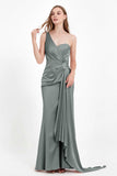 One Shoulder Satin Pleated Formal Evening Dress Sheath Prom Party Gowns