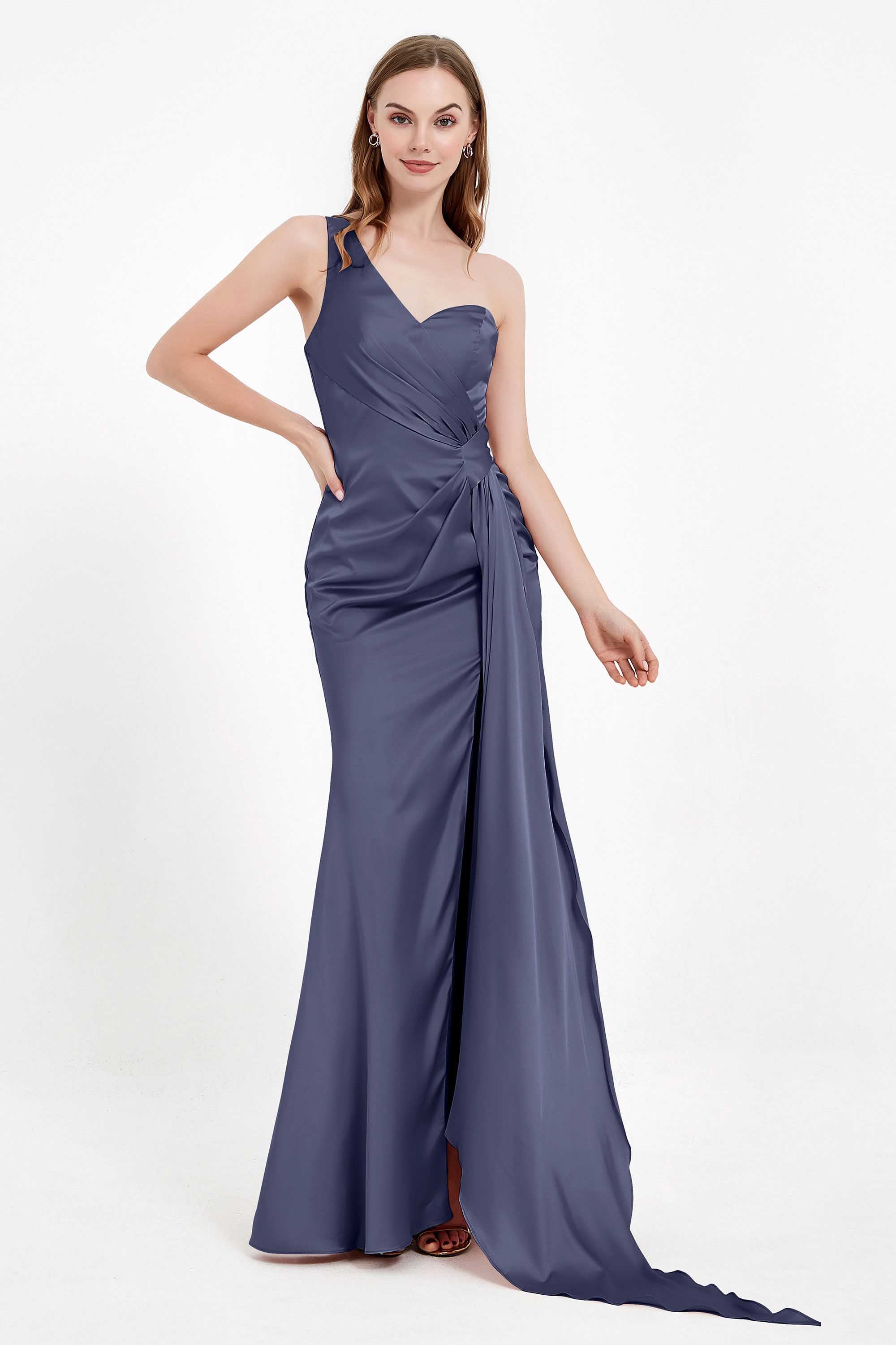 One Shoulder Satin Pleated Formal Evening Dress Sheath Prom Party Gowns
