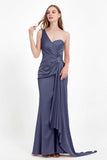 One Shoulder Satin Pleated Formal Evening Dress Sheath Prom Party Gowns