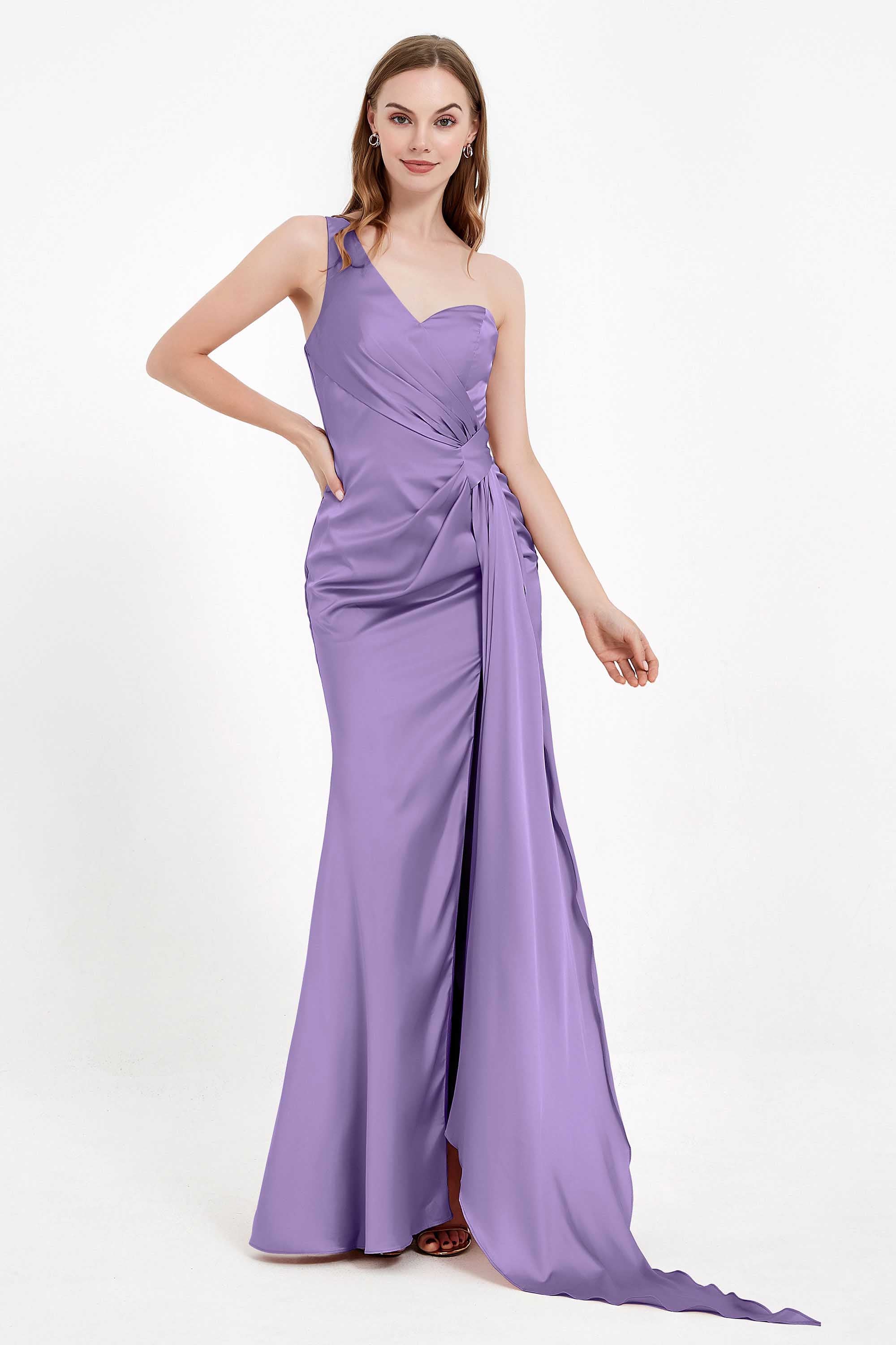 One Shoulder Satin Pleated Formal Evening Dress Sheath Prom Party Gowns