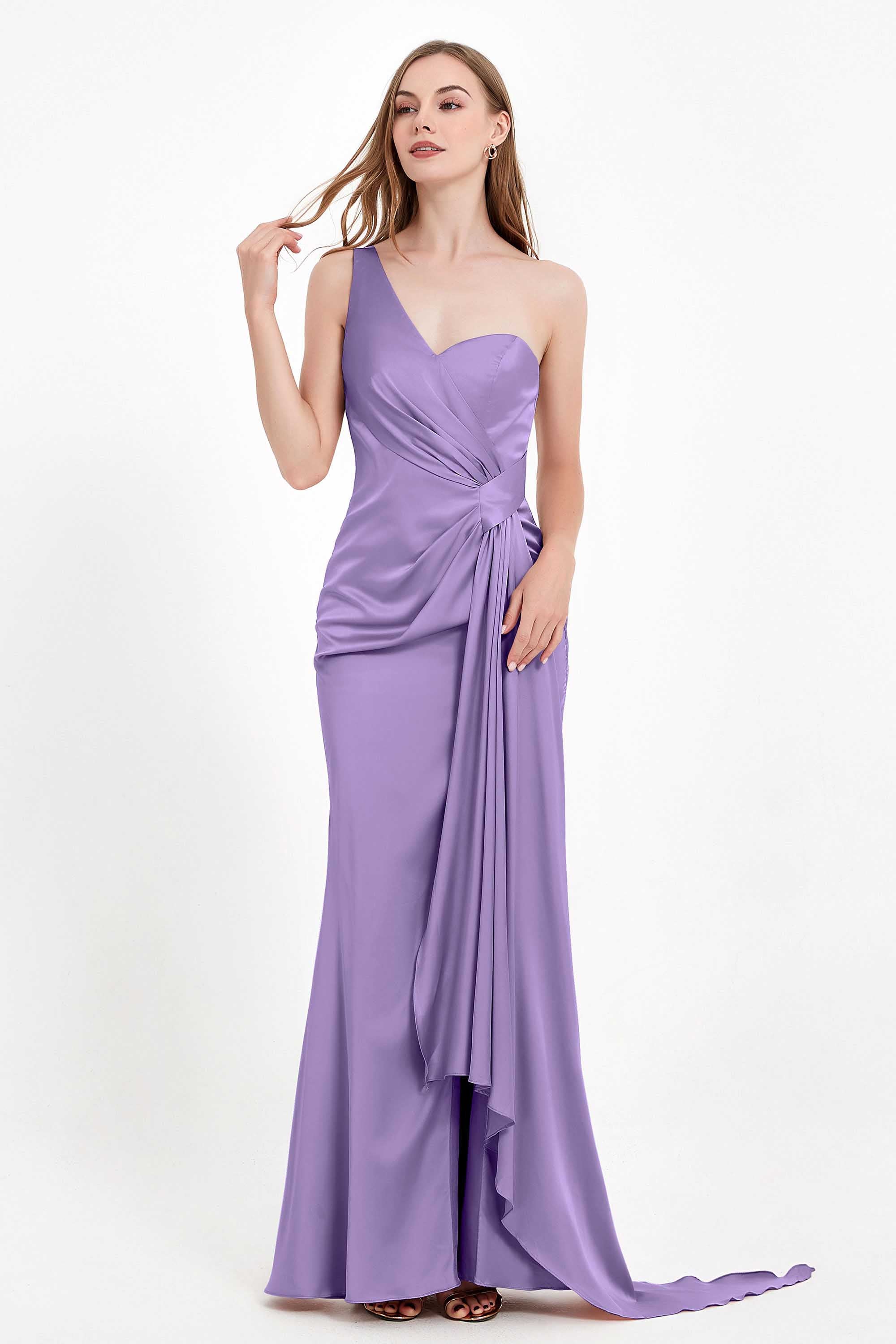 One Shoulder Satin Pleated Formal Evening Dress Sheath Prom Party Gowns
