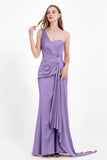 One Shoulder Satin Pleated Formal Evening Dress Sheath Prom Party Gowns