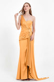 One Shoulder Satin Pleated Formal Evening Dress Sheath Prom Party Gowns