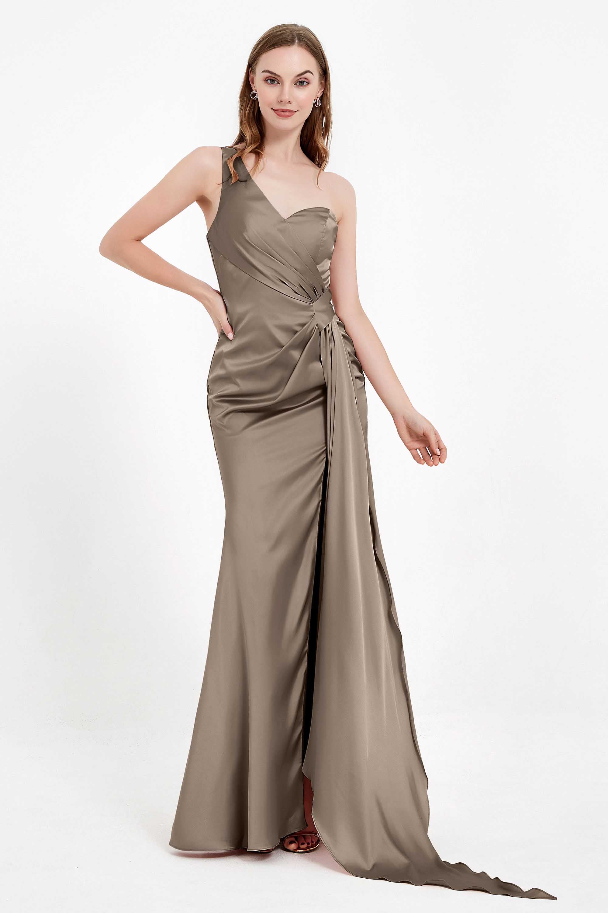 One Shoulder Satin Pleated Formal Evening Dress Sheath Prom Party Gowns