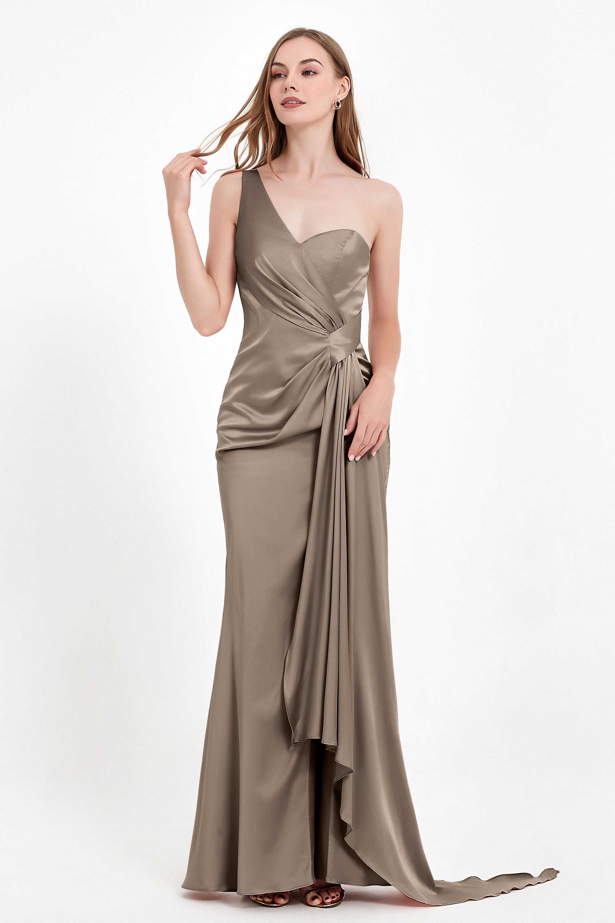 One Shoulder Satin Pleated Formal Evening Dress Sheath Prom Party Gowns
