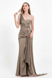 One Shoulder Satin Pleated Formal Evening Dress Sheath Prom Party Gowns