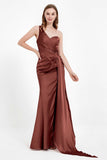 One Shoulder Satin Pleated Formal Evening Dress Sheath Prom Party Gowns