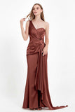 One Shoulder Satin Pleated Formal Evening Dress Sheath Prom Party Gowns