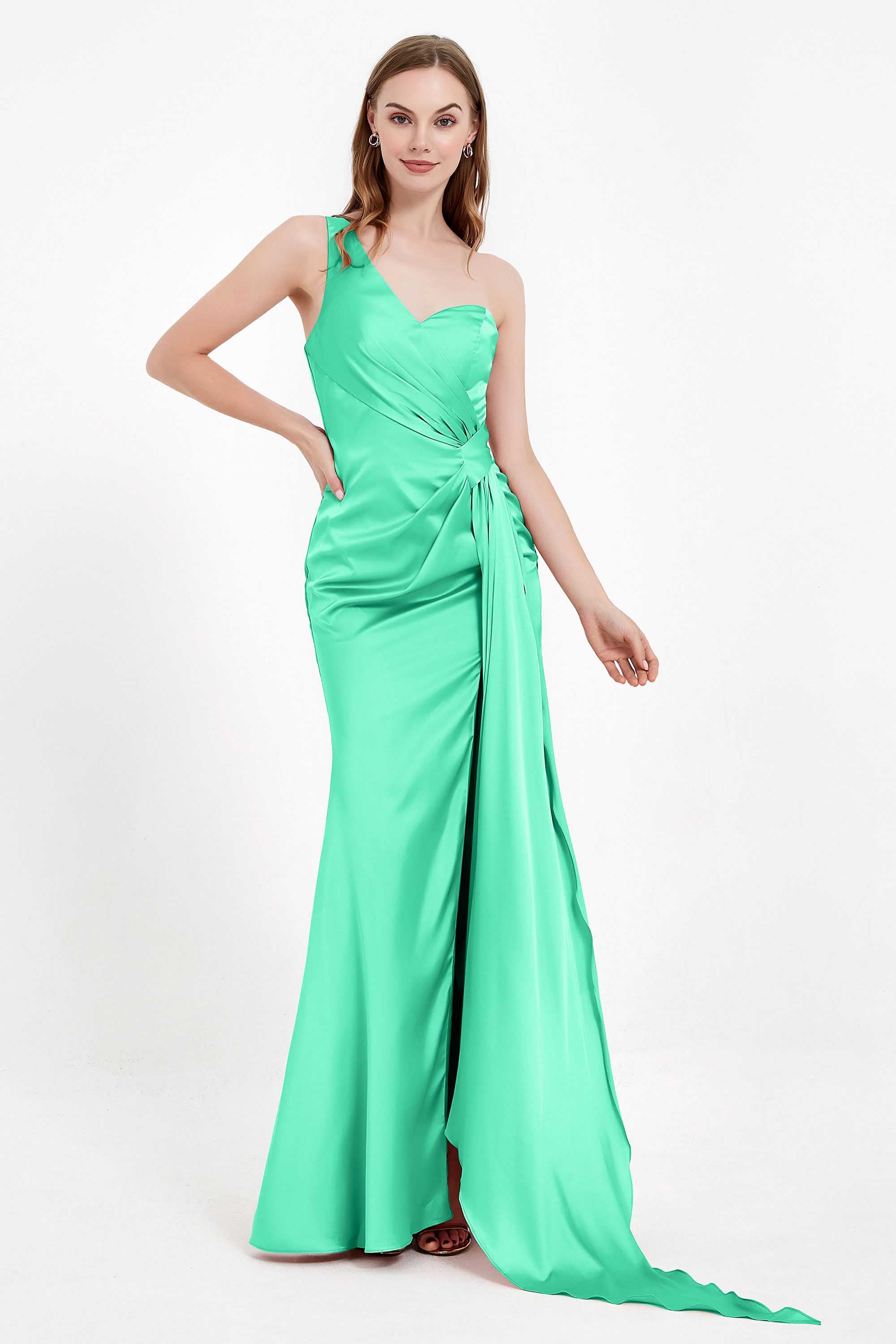 One Shoulder Satin Pleated Formal Evening Dress Sheath Prom Party Gowns