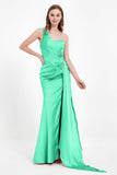 One Shoulder Satin Pleated Formal Evening Dress Sheath Prom Party Gowns