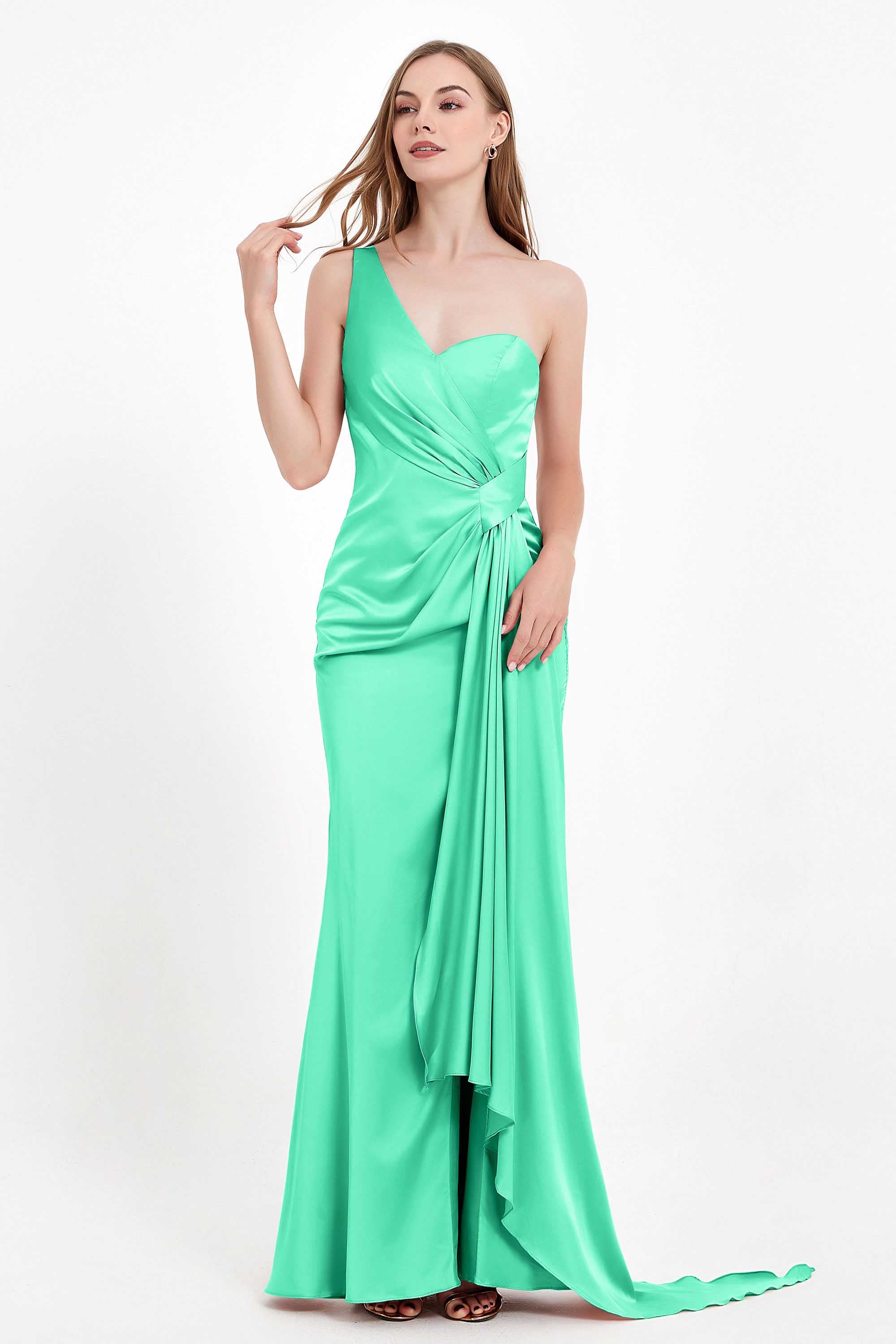 One Shoulder Satin Pleated Formal Evening Dress Sheath Prom Party Gowns