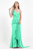 One Shoulder Satin Pleated Formal Evening Dress Sheath Prom Party Gowns