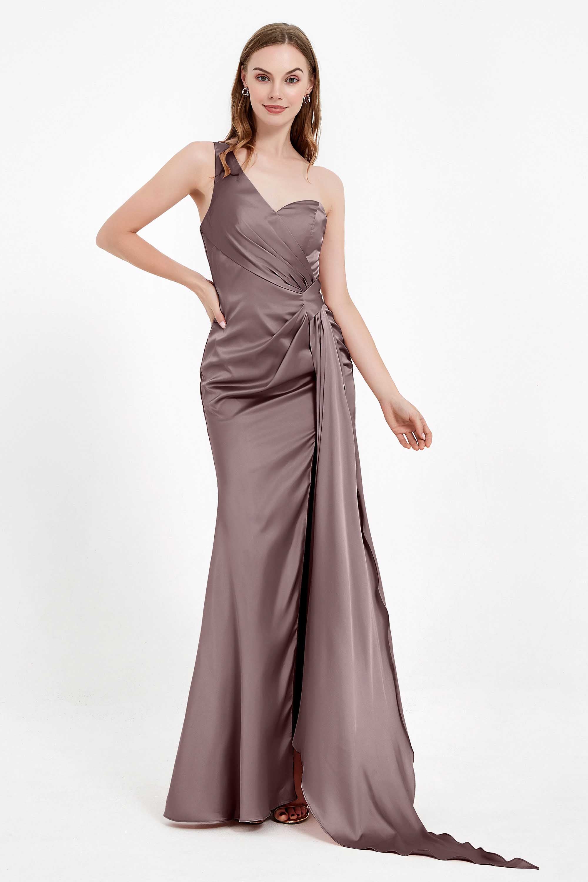One Shoulder Satin Pleated Formal Evening Dress Sheath Prom Party Gowns