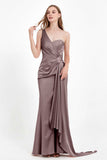 One Shoulder Satin Pleated Formal Evening Dress Sheath Prom Party Gowns
