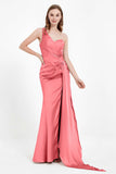 One Shoulder Satin Pleated Formal Evening Dress Sheath Prom Party Gowns