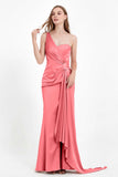 One Shoulder Satin Pleated Formal Evening Dress Sheath Prom Party Gowns