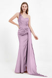 One Shoulder Satin Pleated Formal Evening Dress Sheath Prom Party Gowns