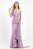One Shoulder Satin Pleated Formal Evening Dress Sheath Prom Party Gowns