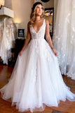 Ivory A-Line Deep V-Neck Backless Long Wedding Dress with Lace