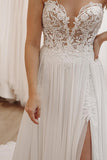 White Sweetheart Long Lace Boho Wedding Dress with Slit