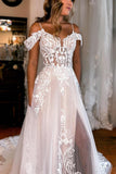 Ivory Detachable Sleeve High Slit A-Line Wedding Dress with Appliques