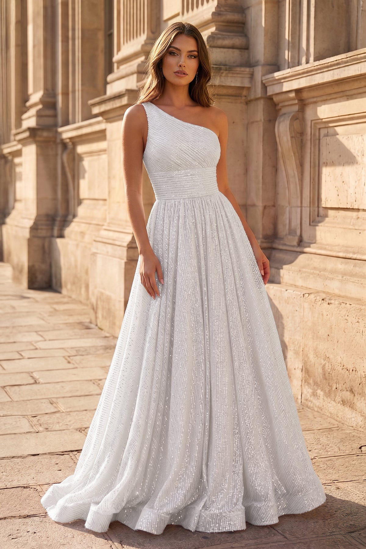 A-Line One Shoulder Sequins Prom Dress with Pockets