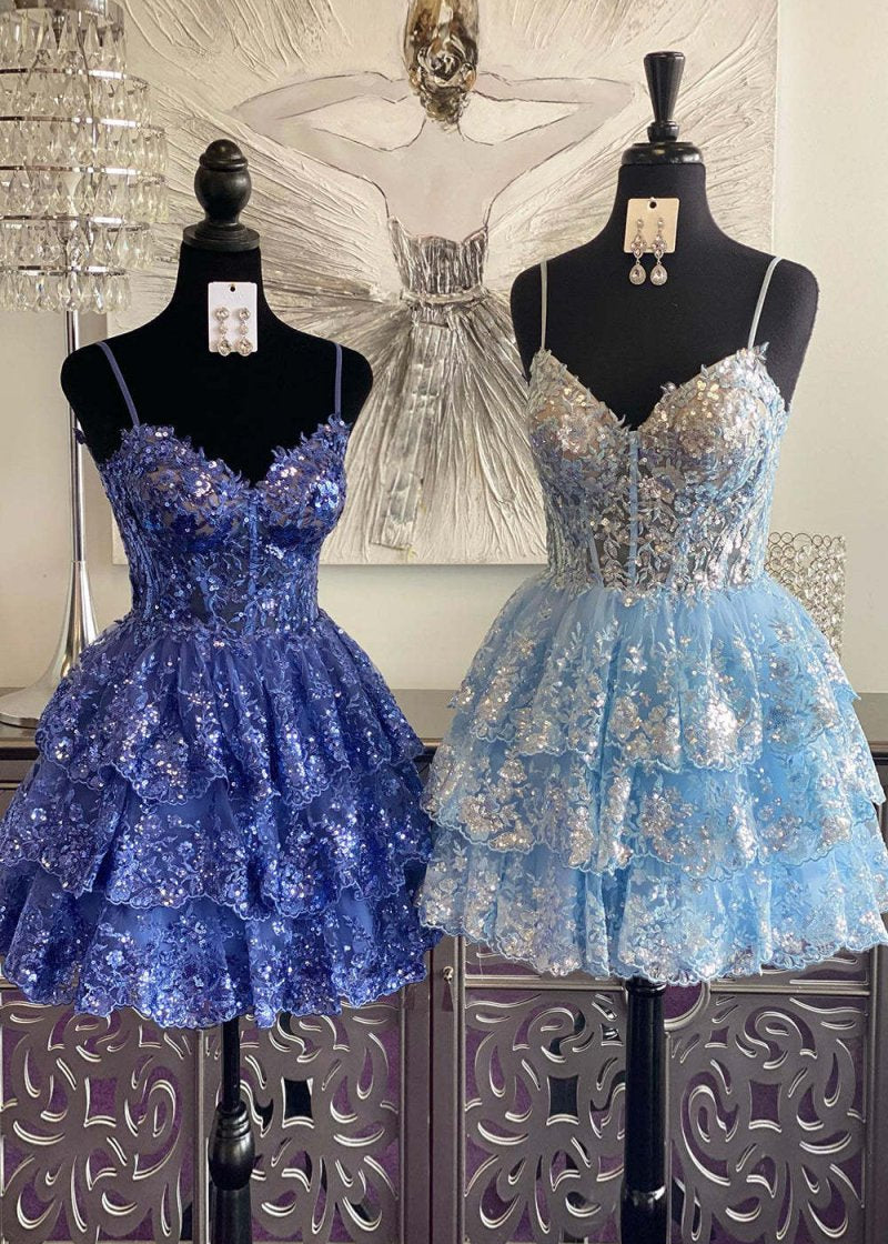 A- Line Sky Blue Sequins Multi-Layers Short Homecoming Dress