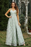 Lace Up Flowers A-Line Maxi Formal Evening Dress With Slit Prom Party Dresses