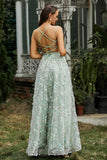 Lace Up Flowers A-Line Maxi Formal Evening Dress With Slit Prom Party Dresses